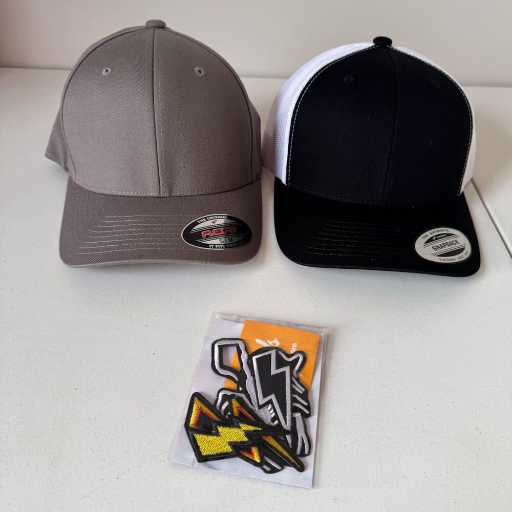Flexfit Hats (2) Black White Gray White w/ Patches S/M Small Medium